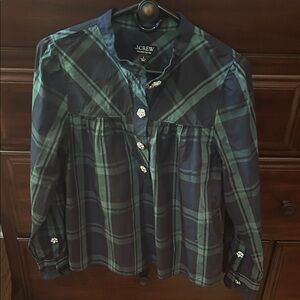 J. Crew Green and Blue Plaid Top with crystal Accents